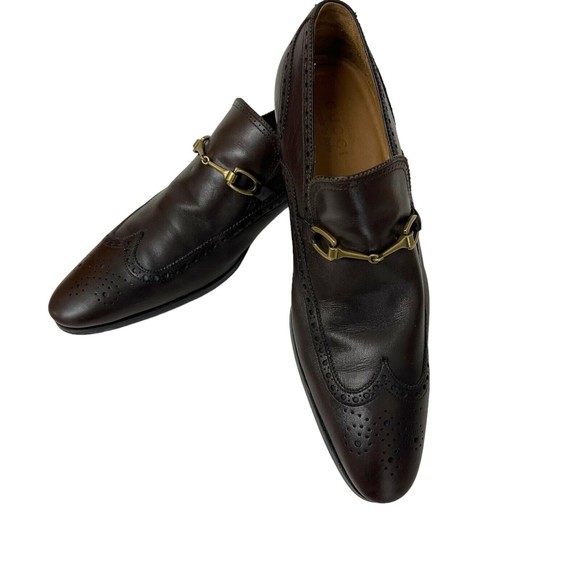 Gucci Men Shoes Brown Leather Sz 8.5 Loafer Slip On Horsebit Wingtip Italy - Picture 4 of 12
